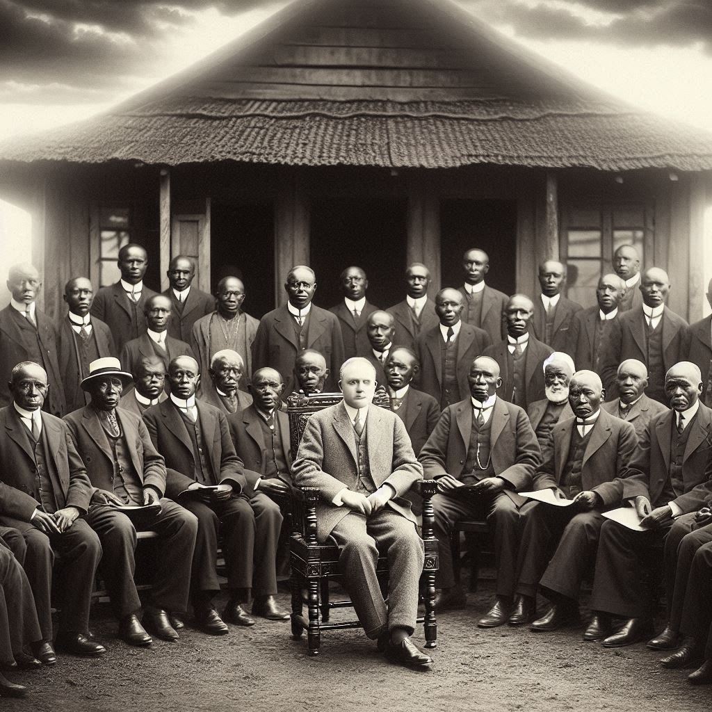 The board of elders in Kikuyu, 1920, with Arthur seated in the front row,